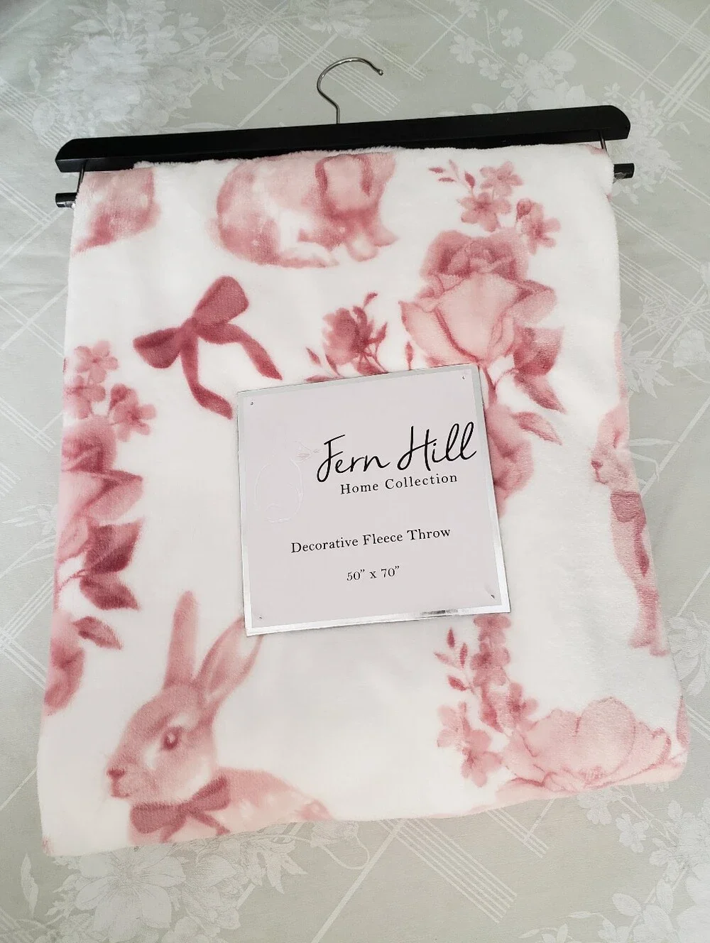 Fern Hill Home Collection Decorative Pink Floral & Bunny Decorative Fleece Throw